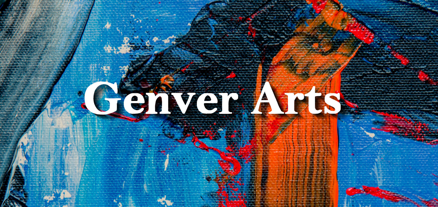 "Genver Arts" in white text over an abstract Acrylic painting with blue, orange, and black colors.