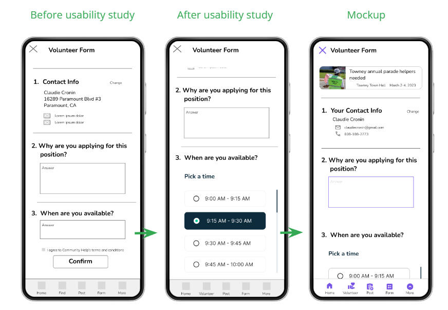 "Before usability study," "after usability study," "mockup," below the phrases is a corresponding app prototype screenshot