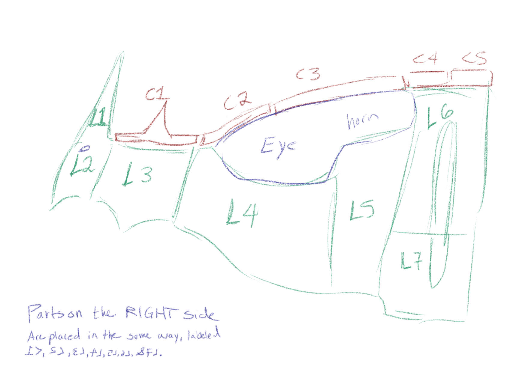 diagram showing how to assemble the right side of the foam dragon. "Parts on the RIGHT Side; are places in the same way labeled"