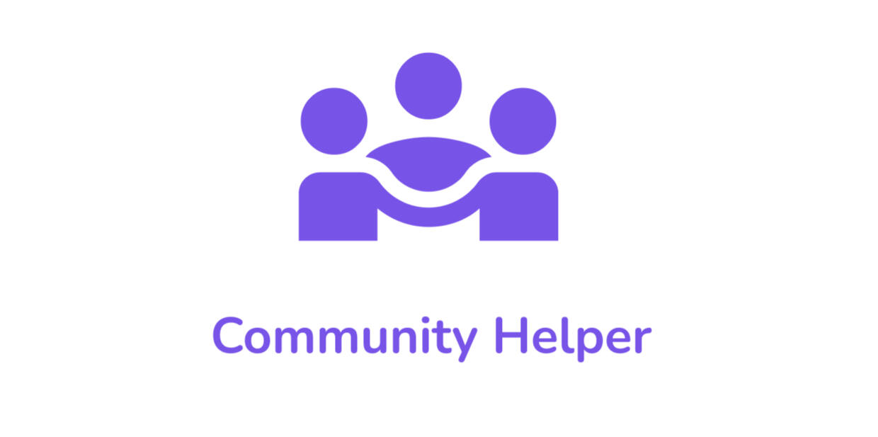 purple logo consists of icononography implying three people are holding hands beloe there is text "Community helper" in a sans-serif font on a white background